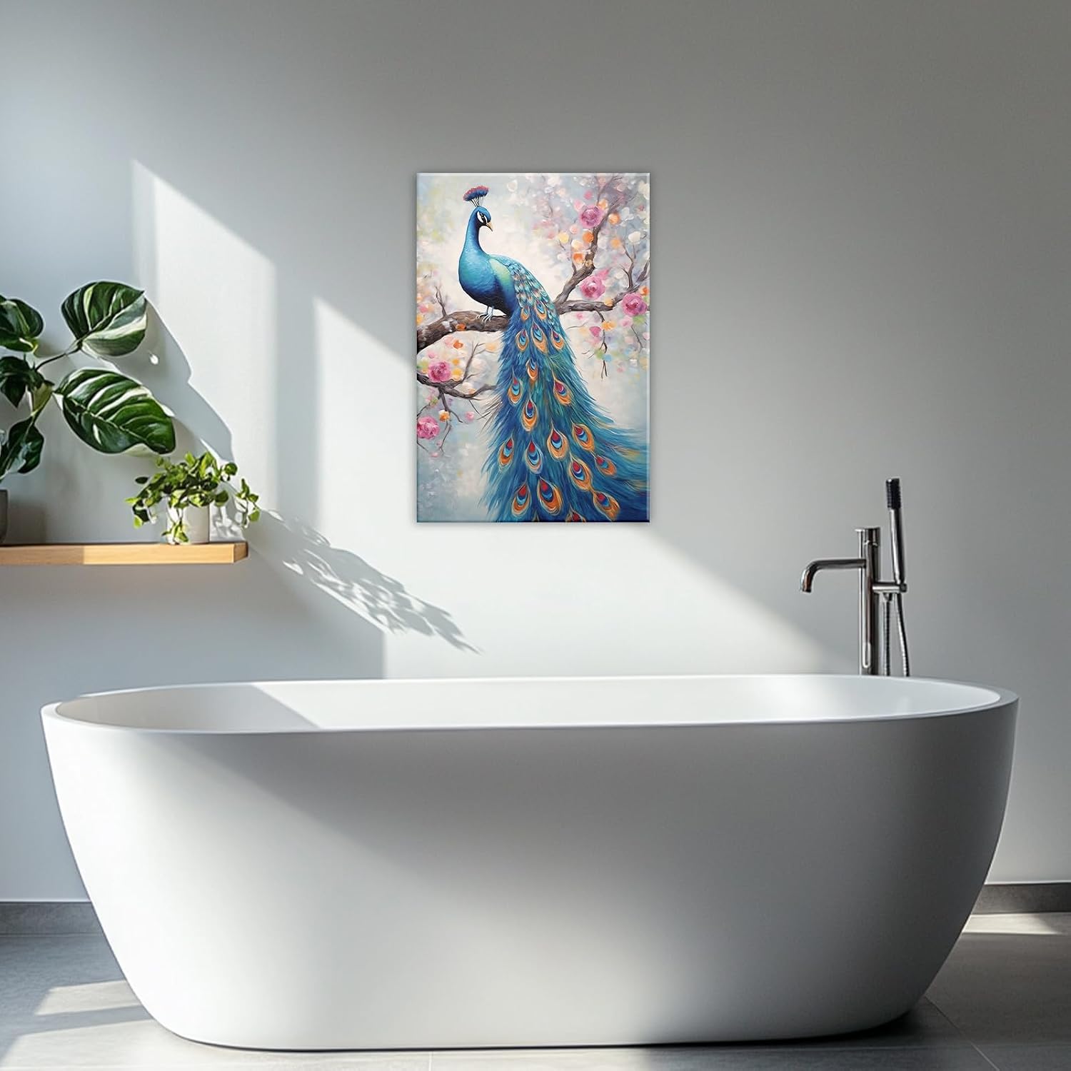 Peacock Wall Art Abstract Elegant Animal Canvas Print Peacock on Blossom Branch Painting Framed Artwork Home Decoration Ready To Hang(Artwork-4,16"x24") image 3