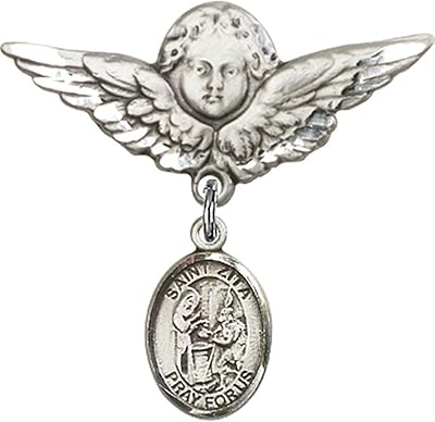 Sterling Silver Baby Badge with St. Zita Charm and Angel w/Wings Badge Pin 1 1/8 X 1 1/8 inches
