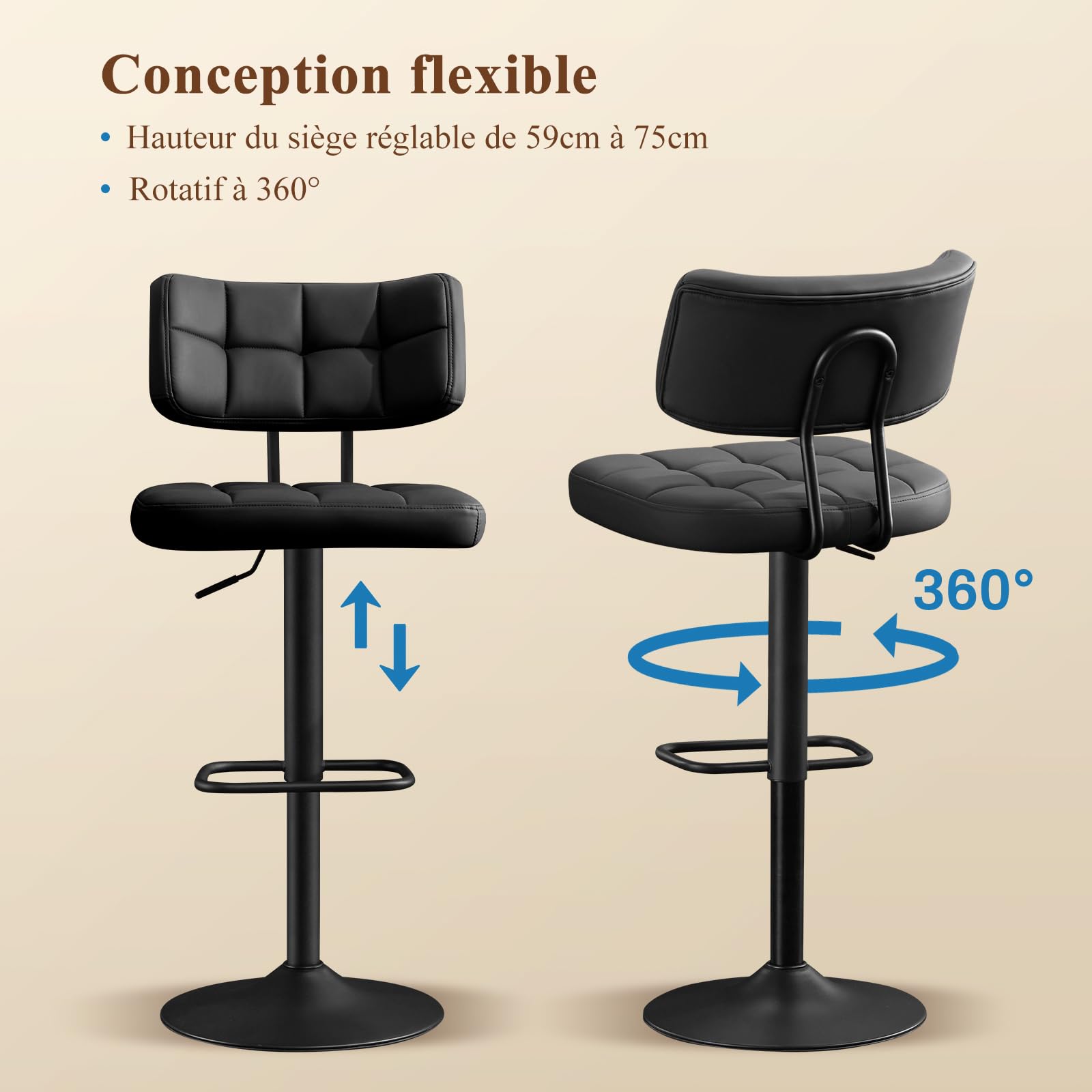 Lot de 2 Tabourets de Bar Noir - Bar Réglables en Hauteur Modernes, Chaise de Bar Chaise Haute Bar- Tabouret Ilot Central Cuisine, avec Dossier et Repose-Pieds, Salle à Manger, PU