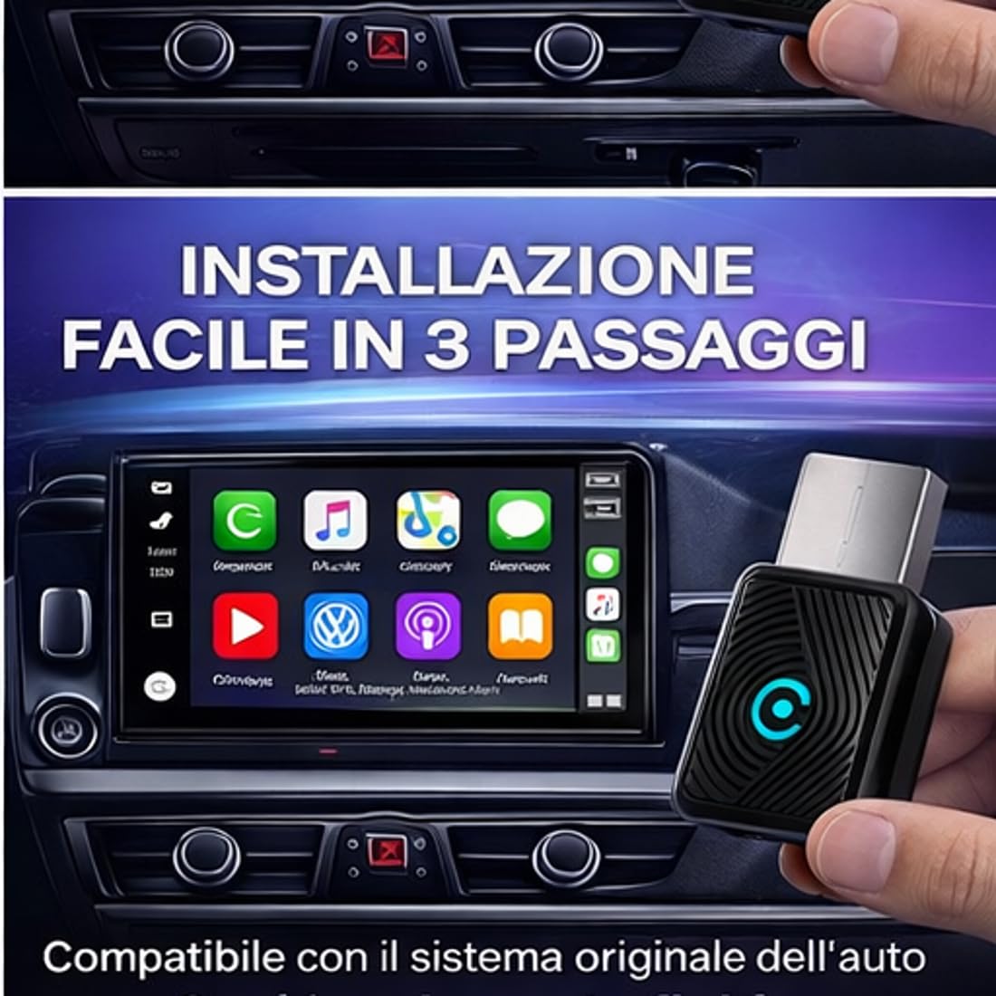 MINI Adattatore 2-in-1 Wireless CarPlay e Android Auto, Bluetooth 5.3, WiFi 6 Dual Band, USB-A e USB-C, Compatibile con iPhone iOS 10+