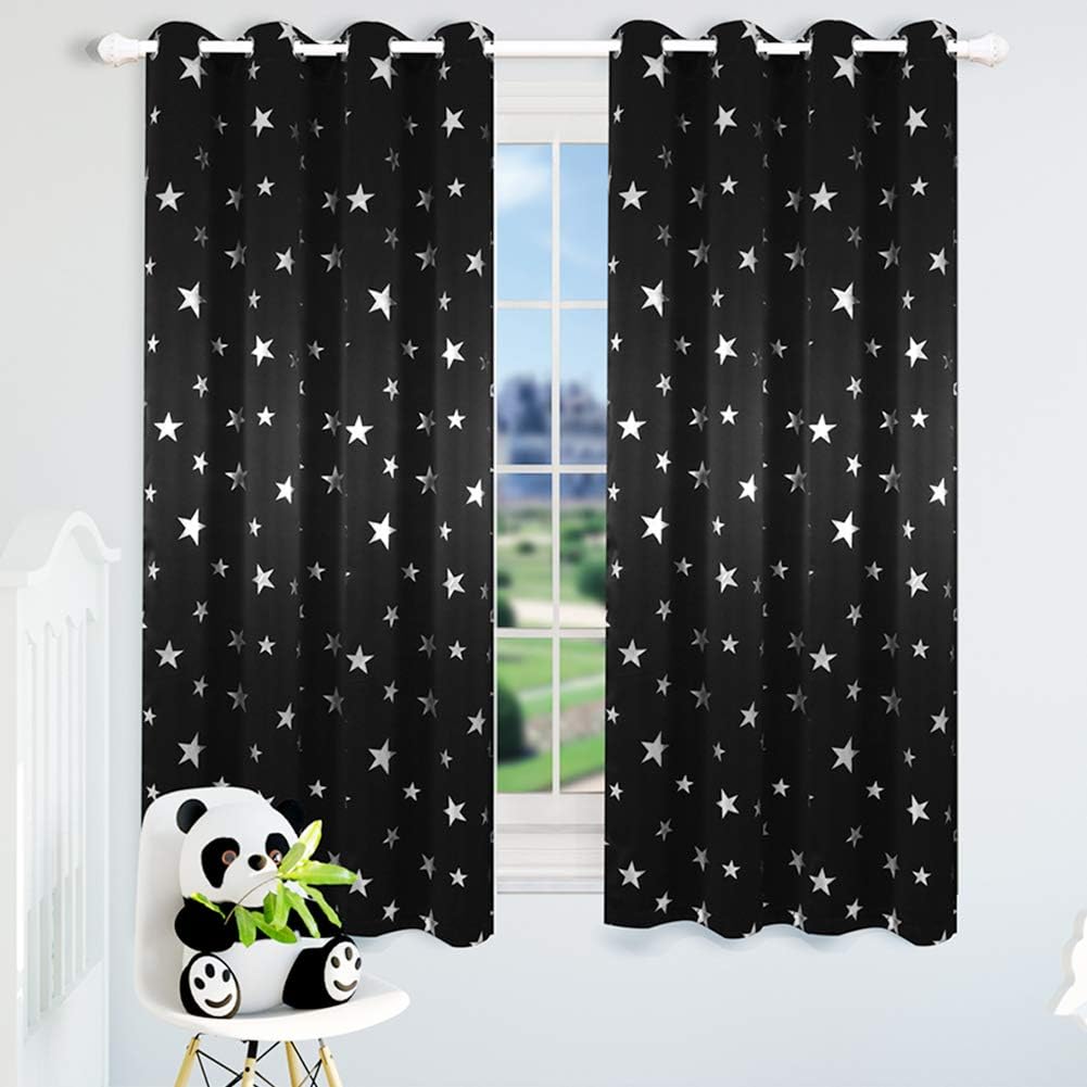 Kotile Star Eyelet Curtains for Kids Room Metallic Silver Stars