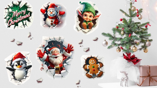 Vinilos decorativos navideños 3D Mfault, Santa Claus y muñeco de jengibre miniatura 7
