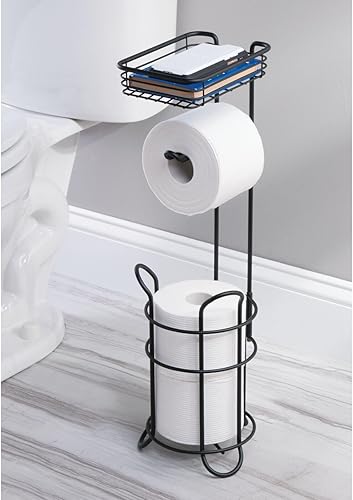 Miniatura 8 de mDesign Soporte y dispensador de papel higiénico de pie sin metal de acero con estante de almacenamiento pañuelo de inodoro para baños baño