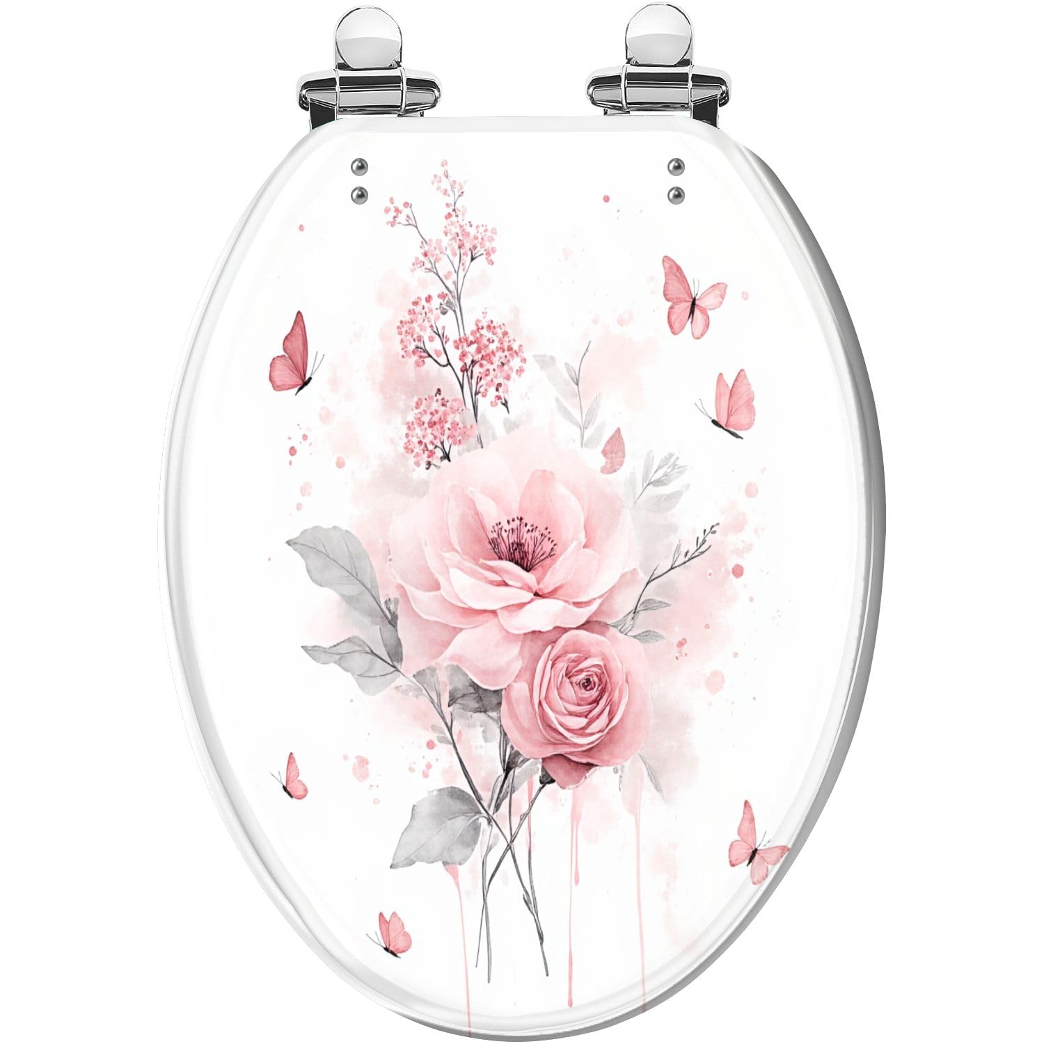 Asiento de inodoro alargado decorativo, color rosa, fantasía, flor de resina, hoja de mariposa, cierre silencioso, bisagras de liberación rápida, fácil de limpiar