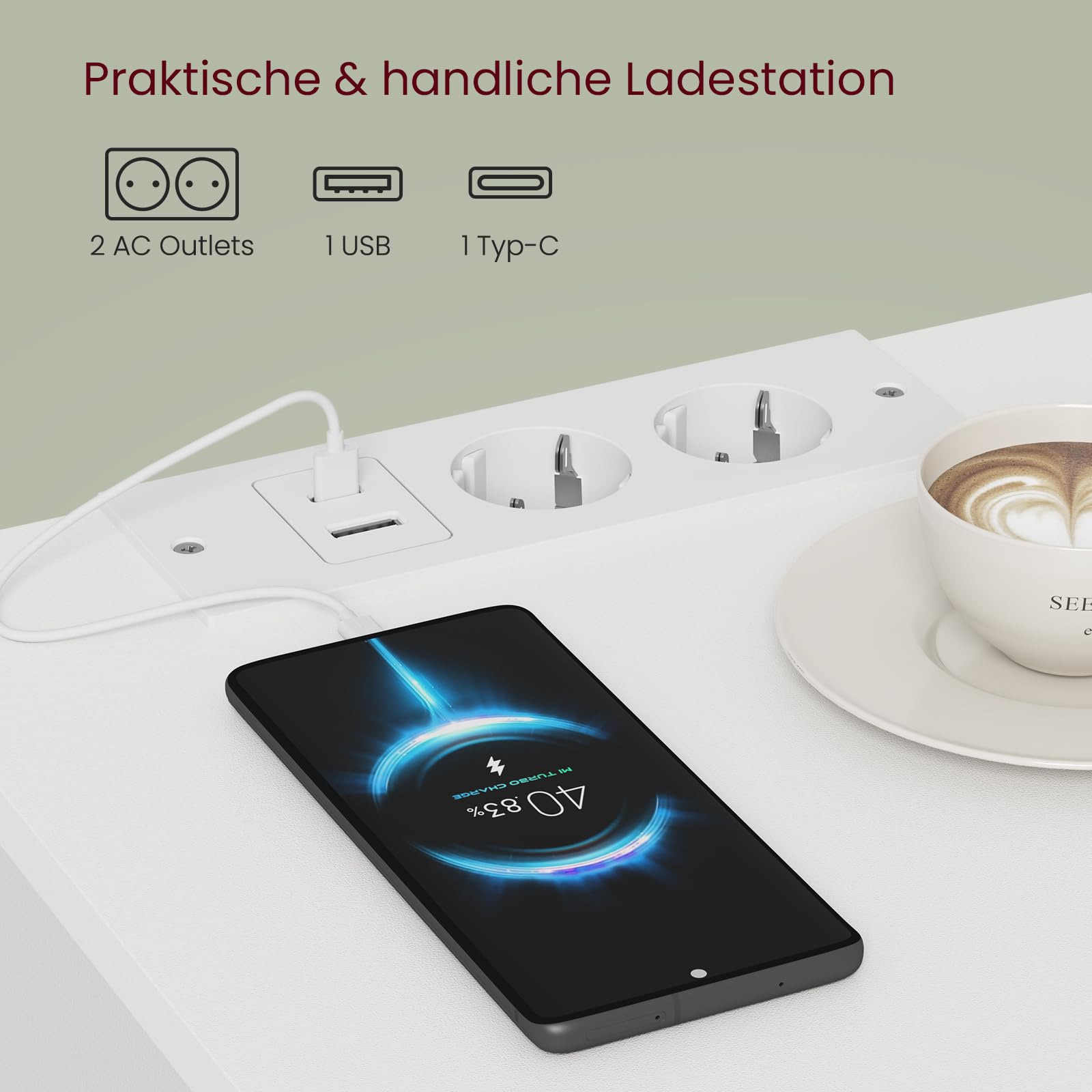 Asgolion Nachttisch mit Steckdosenleiste, Schmal, mit 3 Schubladen, Weiß