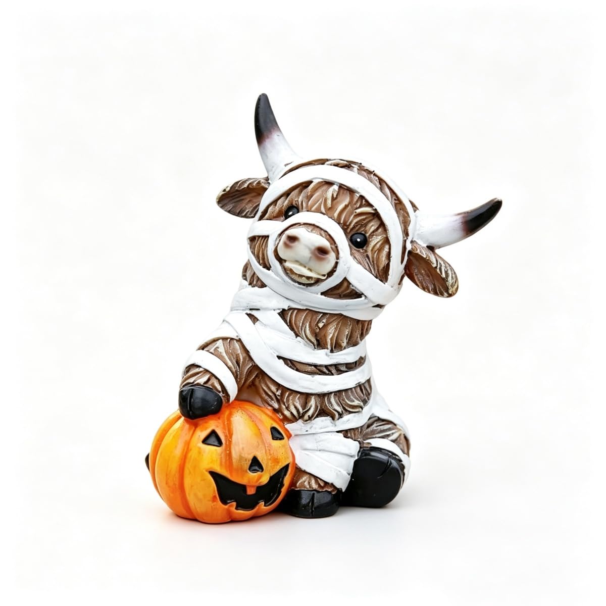SolvixEdge 1Pc Funny Halloween Highland Cow Figurine, Resin Mummy Ghost Witch Cow Statue, Spooky Fall Mini Ornament for Home Office Tiered Tray Desk Mantel Shelf Festival Decoration
