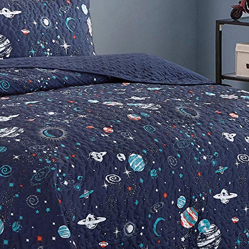Wpm World Products Mart Blue Planet Universe Theme Kids Quilt Set Toddler Stars Space Galaxy Rocket Design Full Size Quilt For Toddler Bed Quilted Bedspread Coverlet With Pillow Shams (Pandora, Full) #TOP3