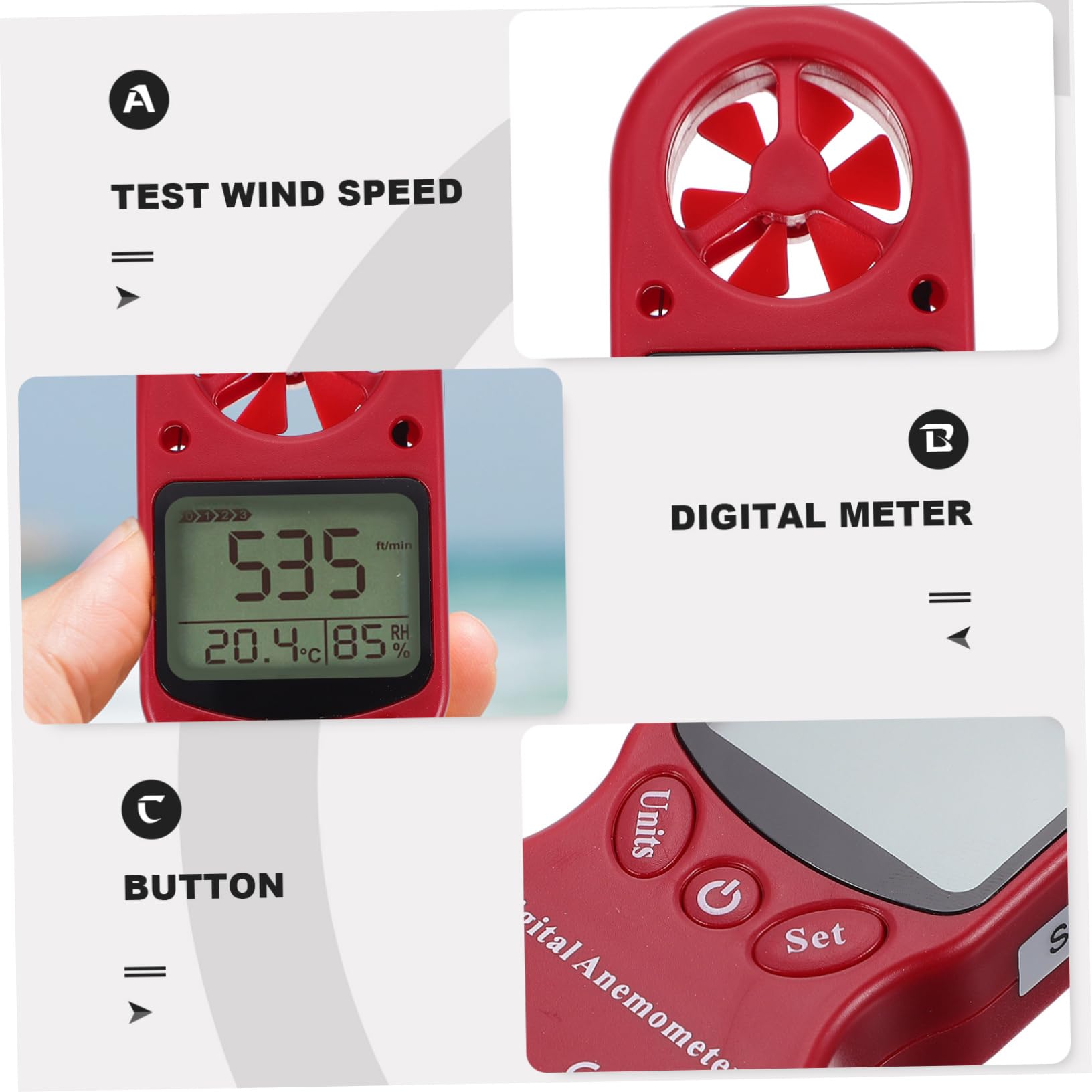 Anemometro Digitale Portatile con Termoigrometro, Misuratore di Velocità del Vento con Schermo Lcd Retroilluminato, Struttura in Plastica, 6 Pale per Sistemi di Ventilazione