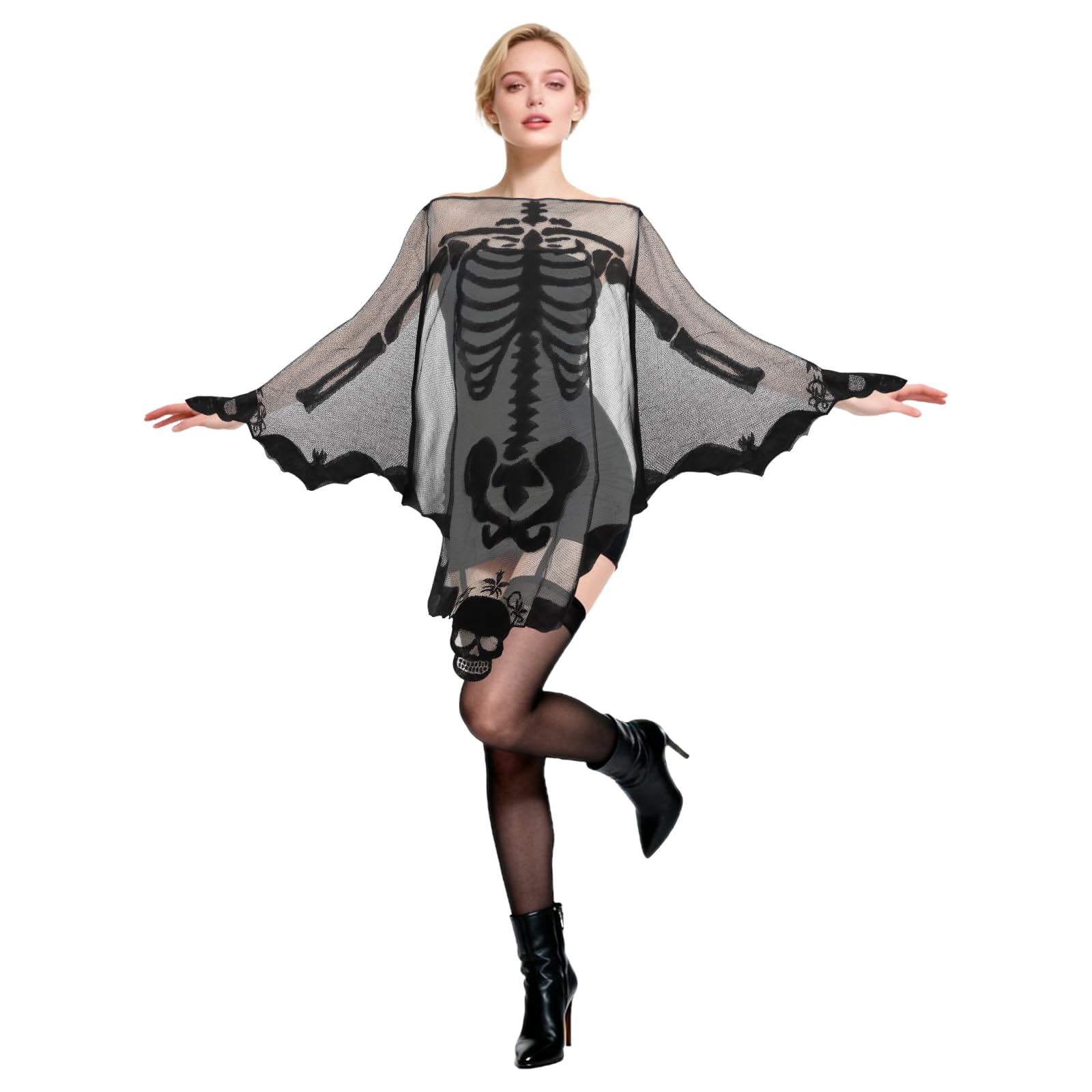 Guittly Halloween Cape Skeleton Poncho, Women Lace Skeleton Shawl Bat Wing, Halloween Skull Cape for Party Day of The Dead (Black)