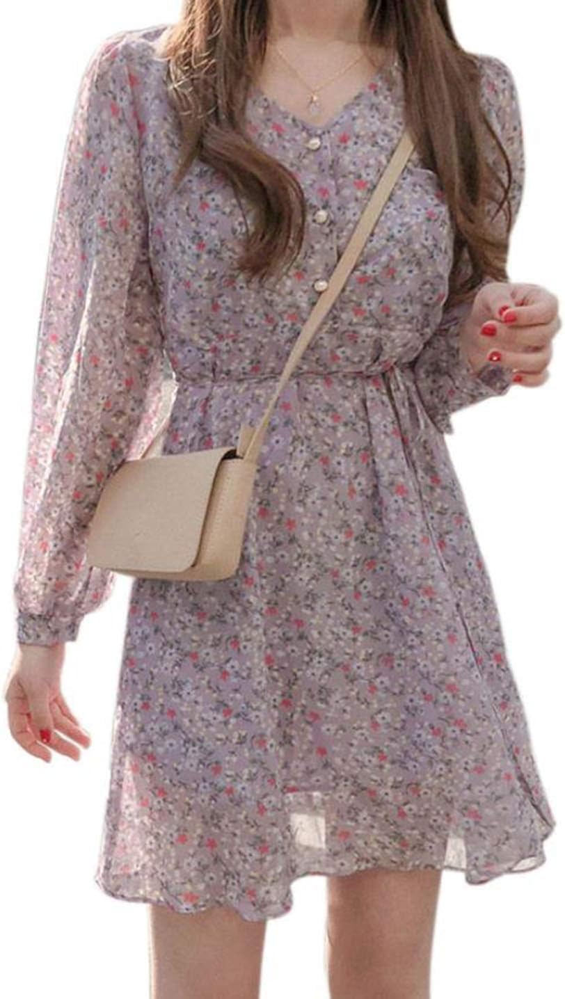 Baluote レディース ワンピース 夏 長袖 花柄 ワンピース Aライン ハイウエスト きれいめ ワンピース V Baluote レディース ワンピース 夏 長袖 花柄 ワンピース Aライン ハイウエスト きれいめ ワンピース V