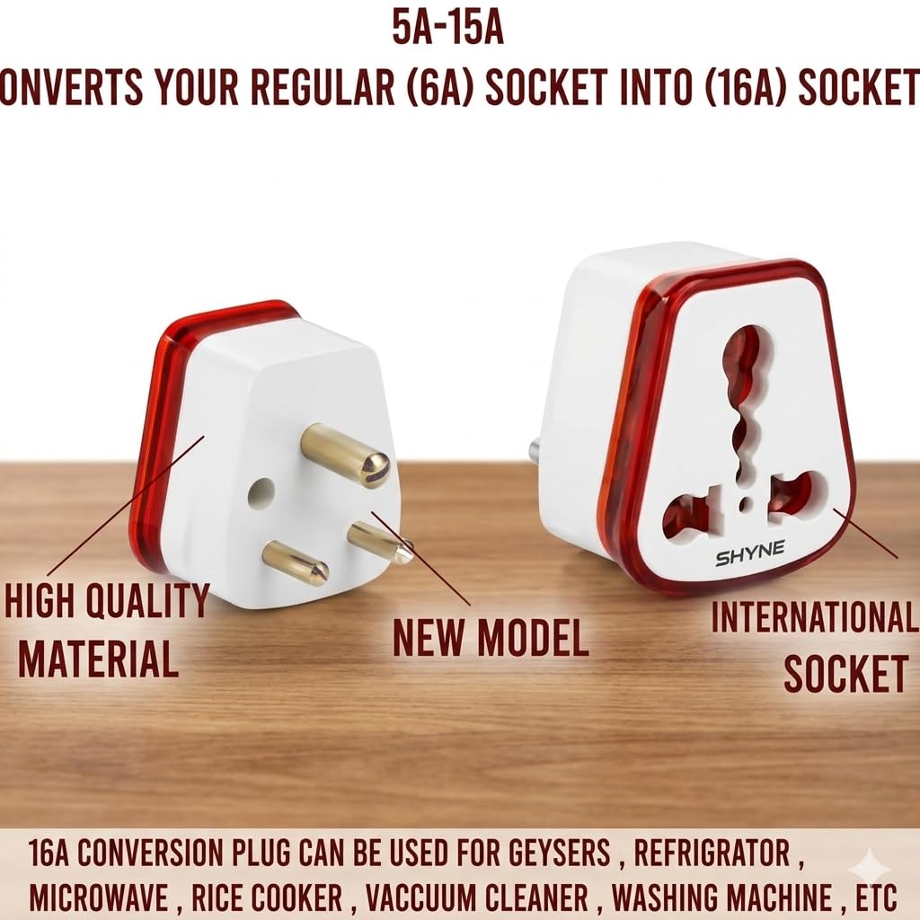 KAVANA Shyne 6A to 16A Converter Plug | 6 Amp to 16 Amps Converter Plug for 16A Extension Board with 16 Amp Socket β Compatible with A/C, Refrigerator, etc. (Red, 2 Piece) 4