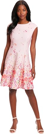 London Times Womens Dresses Floral Border Cap Sleeve Fit & Flare Dress