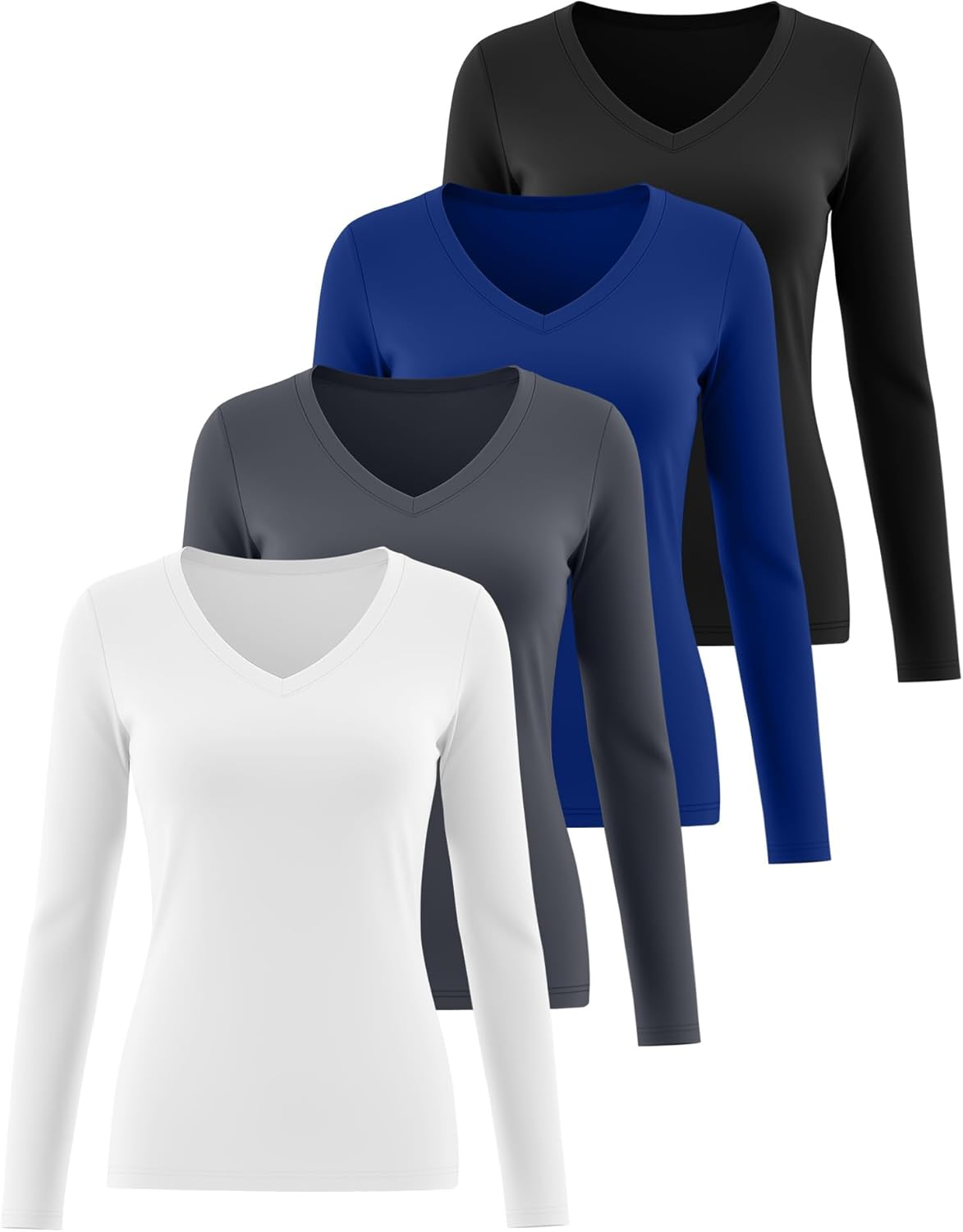 Neer 4 Pack Women's Workout Tops Long Sleeve Compression Shirt Athletic Tight V Neck T Shirt Gym Yoga Running Lightweight Tee - Image 2