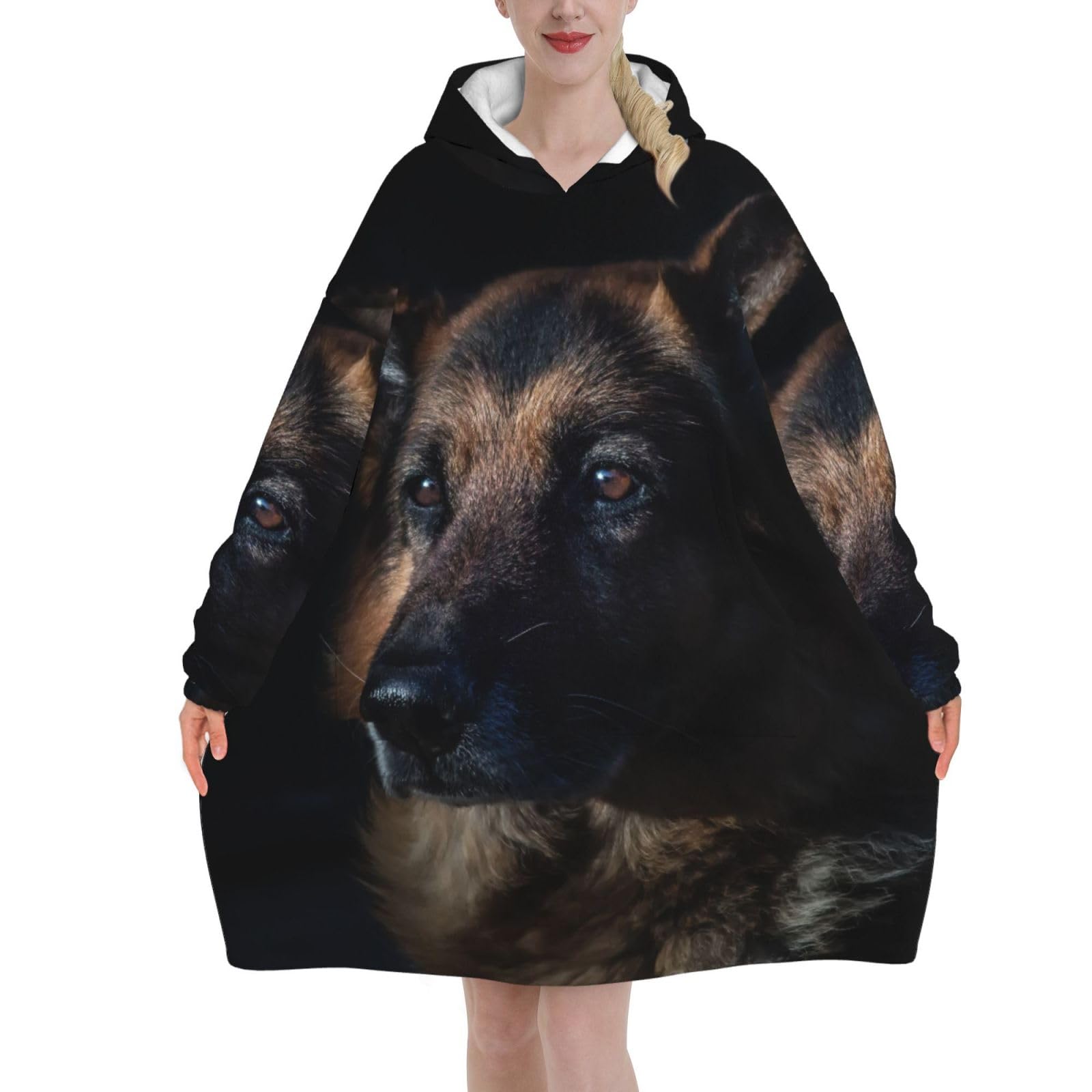 German Shepherd Dog,Women's Oversized Wearable Blanket Hoodie, Blanket Sweatshirt,Flannel Pullover Blanket