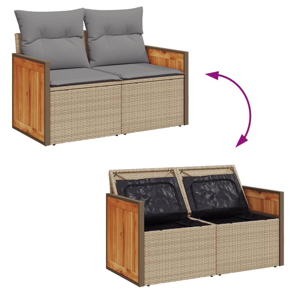 Divano da Giardino 2 Posti in Rattan PE Beige con Cuscini | Panchina da esterno modulare con contenitore salvaspazio e cuscini imbottiti per terrazzo o giardino.