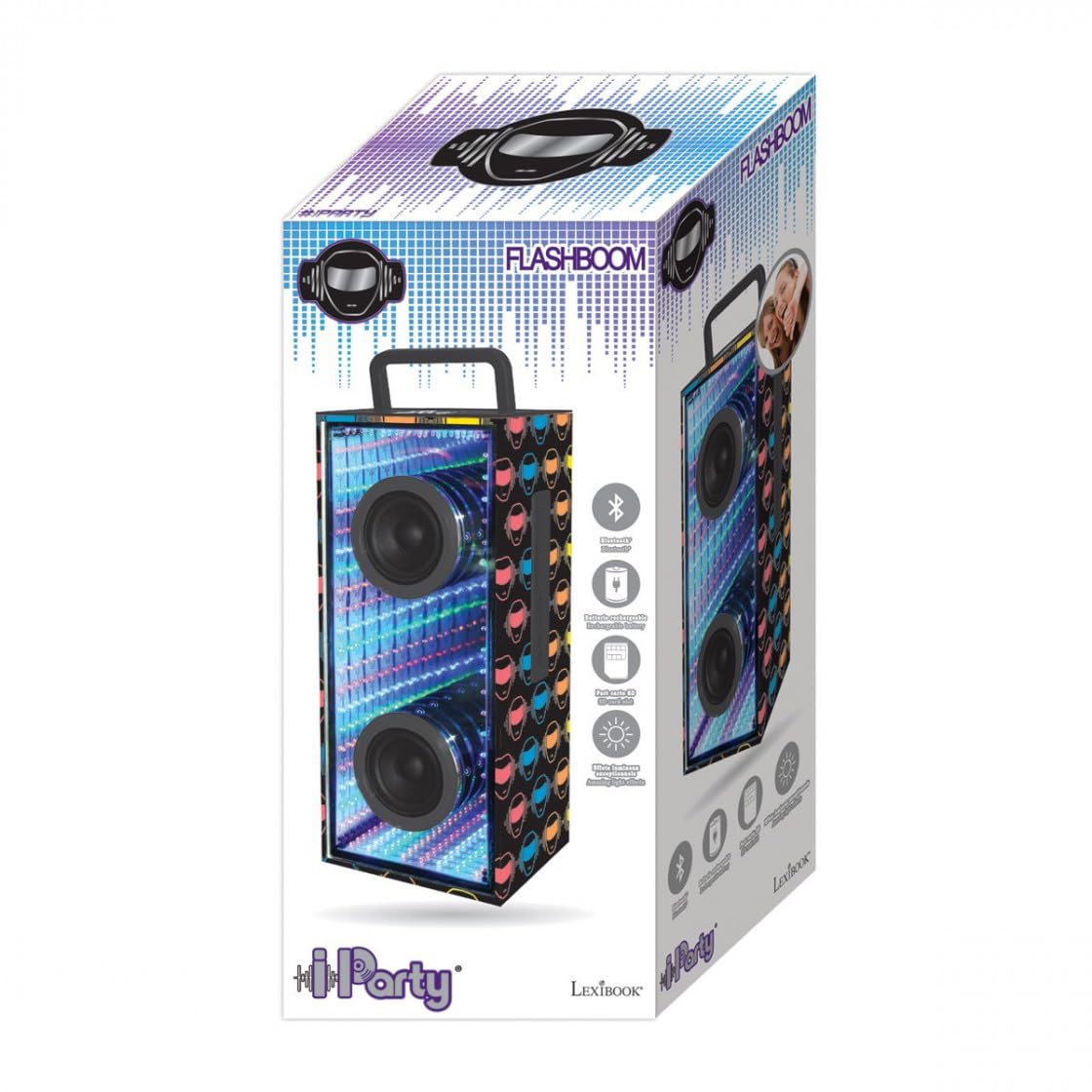 Lexibook iParty Flashboom Altoparlante Bluetooth®, 12W, Effetto Specchio, Jack, Batteria Ricaricabile, Nero/Rosso, BTL60