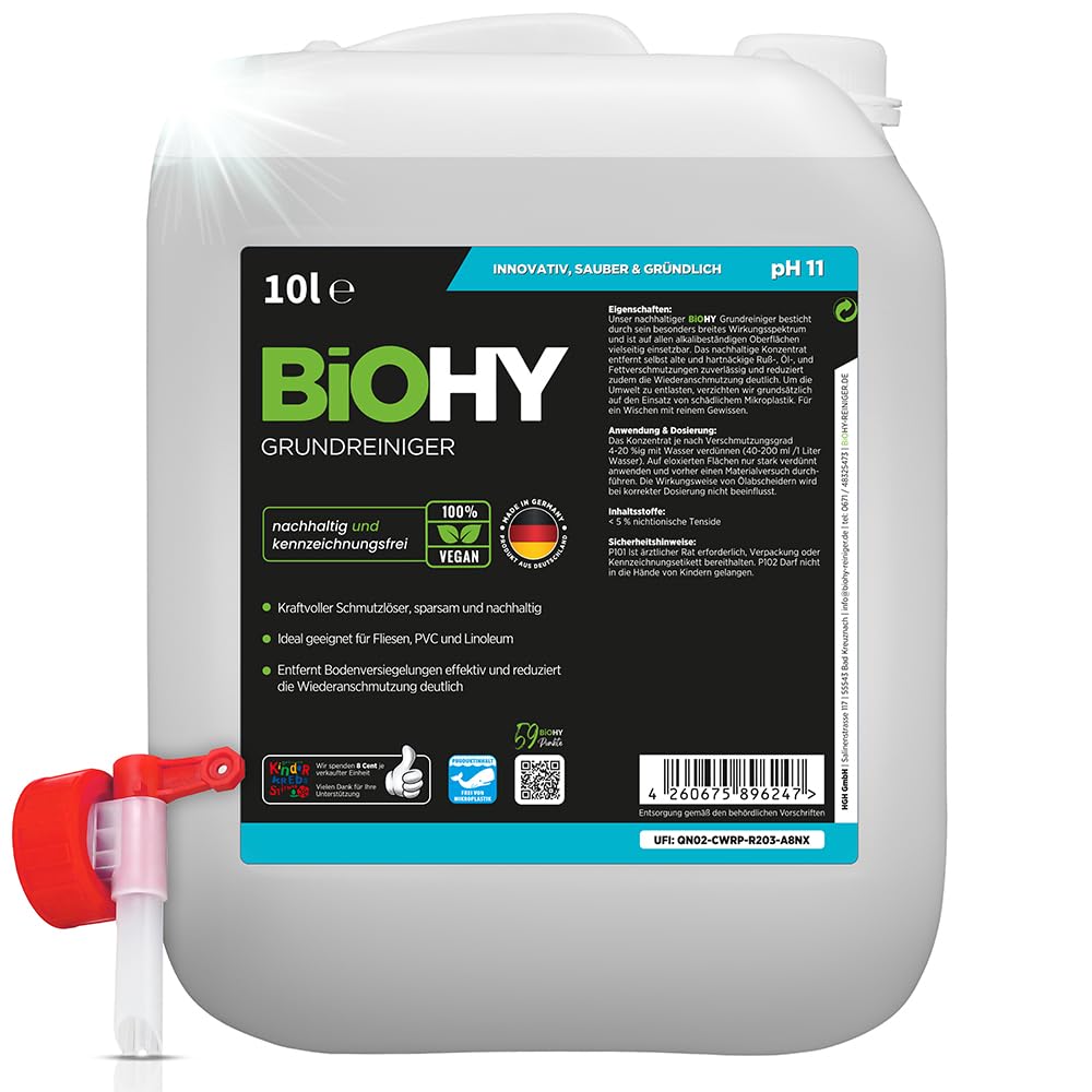 BiOHY Grundreiniger Konzentrat (10L Kanister) + Auslaufhahn | für Waschsauger, Saugwischer & Reinigungsgeräte – Bodenreiniger für Fliesen, Stein & Hartböden, schaumkontrolliert für Maschinen