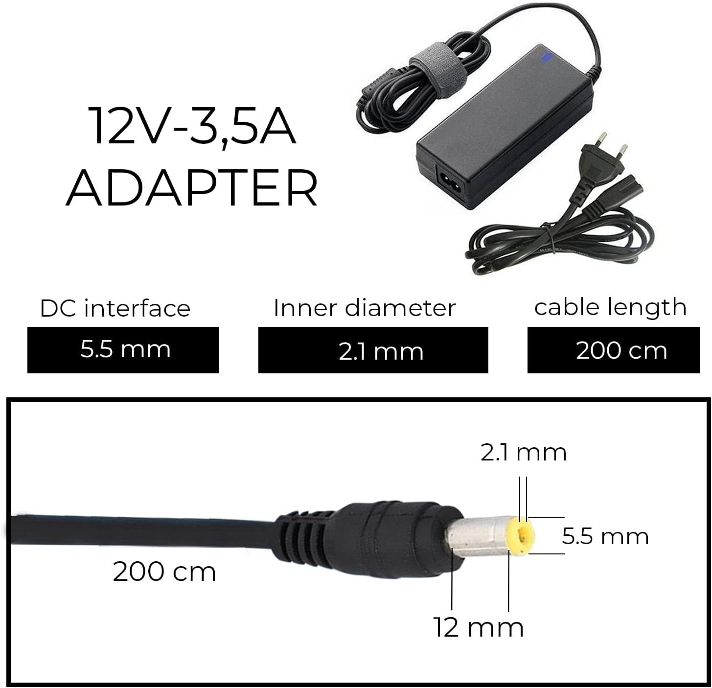 Adaptateur Secteur 12 V 2 A/2 000 mA, AC 100-240 V 50/60 Hz vers DC 12 V 2 A 24 W, Chargeur