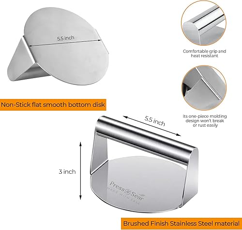 Miniatura 2 de Press N Sear Prensa de hamburguesa de acero inoxidable resistente de 5.5 pulgadas, trituradora de hamburguesas redonda para parrilla plana, kit de