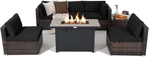 Tangkula Juego de muebles de patio de 7 piezas con mesa para fogata, incluye mesa rectangular de propano de 42 pulgadas y 60,000 BTU y funda
