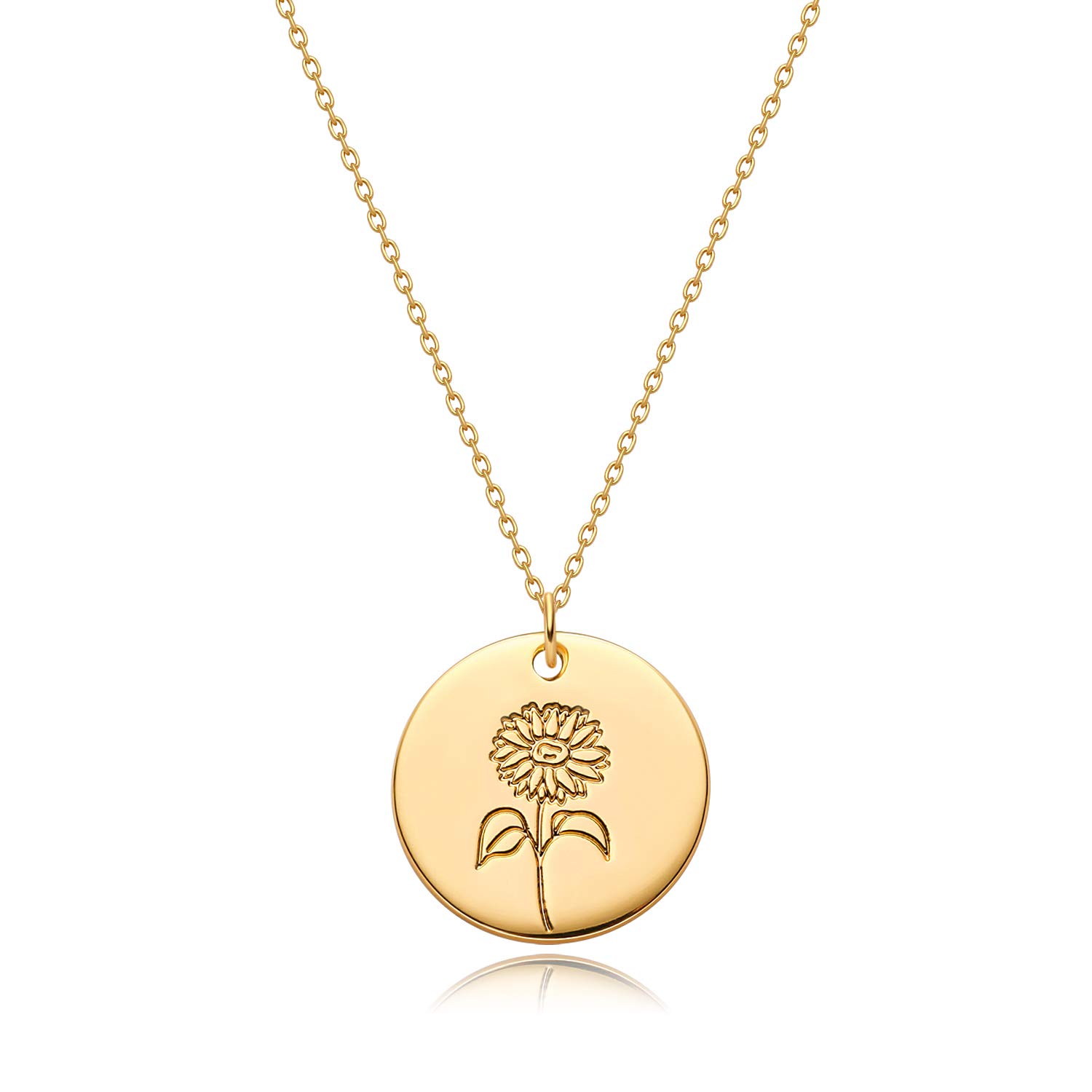 MYEARSMYEARS Women Birth Flower Necklace Gold Coin Engraved Disc 12 Month Flower Bouquet Pendant 14K Gold Plated Dainty Chain Personalized Floral Jewelry Birthday Gift