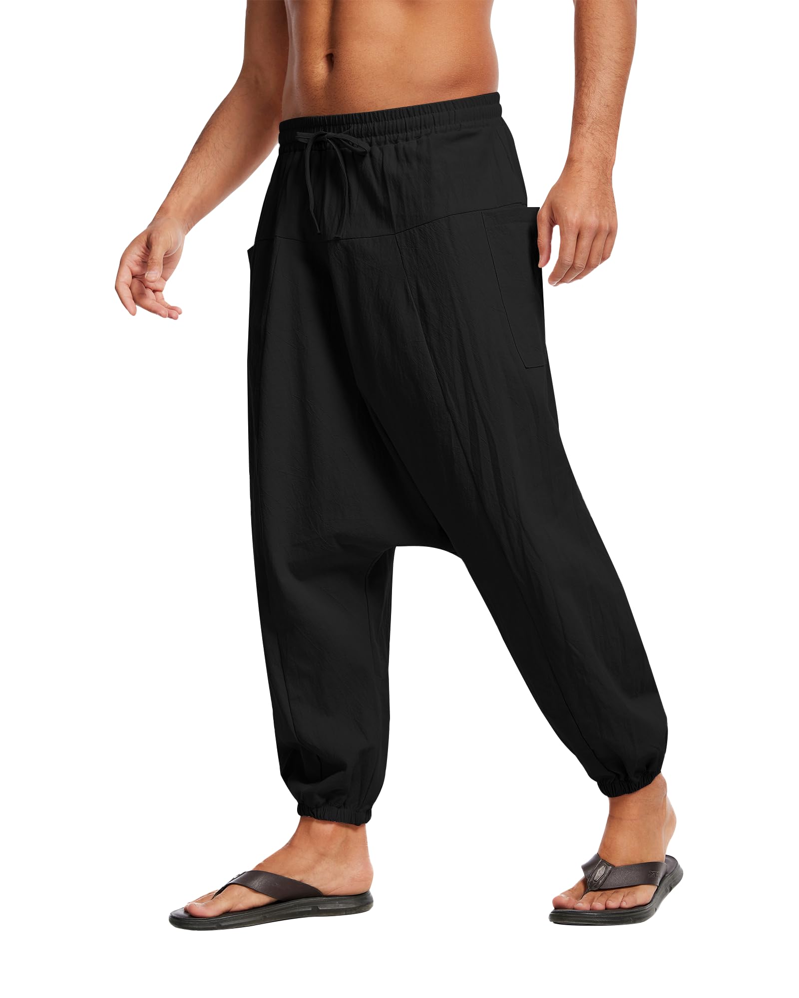 FEOYA Heren katoen linnen bijgesneden harembroek elastische trekkoord harembroek casual strand baggy broek, Wit, M