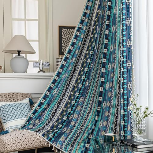 Image of Navy Blue Geometric Curtains 96 Inches Long, Boho Farmhouse Light Filtering Rod Pocket Drapes with Tassel Trim for Bedroom Living Room, 2 Panels