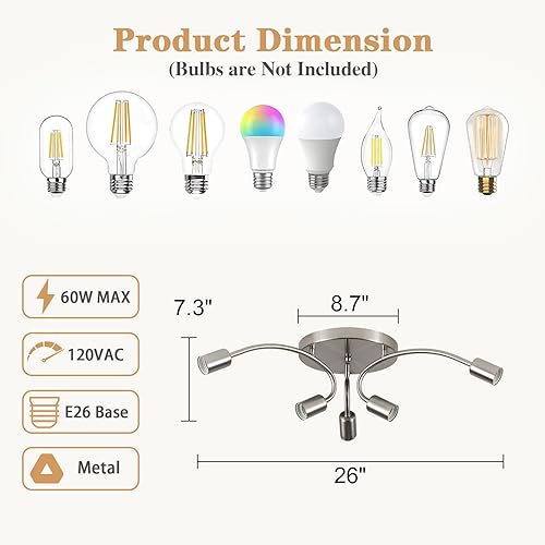 Miniatura 7 de Lámpara de araña Sputnik de níquel cepillado de 6 luces, moderna lámpara de techo semiempotrada, lámpara de techo industrial de metal para sala de