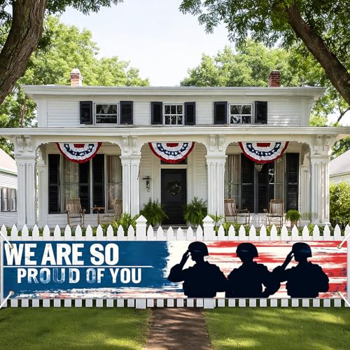 Image of BlissYard 4th of July Banner 118 x 20 Inch We Are So Proud of You Backdrop Patriotic Banner for Outside American Flag Military Banner for Yard Fence Porch Welcome Home Decorations