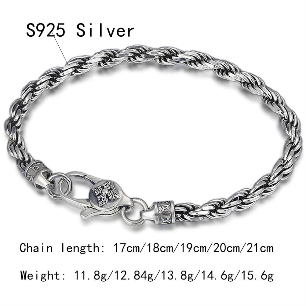 S925 Bracciale Personalizzato in Argento Sterling Con Sei Parole Della Verità, Bracciale in Corda Di Canapa Con Sei Parole Della Verità Vajra E Pestello Da 4 Mm Per Uomo,Argento,18cm