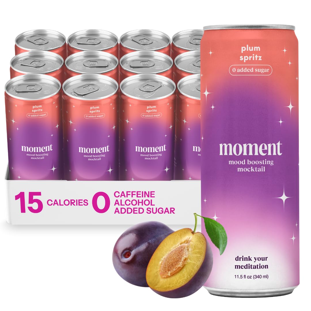Moment Mocktails Non Alcoholic Drinks (Shark Tank) | SPARKLING Plum Spritz Adaptogen Drink | L-Theanine & Ashwagandha for Calm & Clarity | 0 Added Sugar 0 Caffeine | 12-pack
