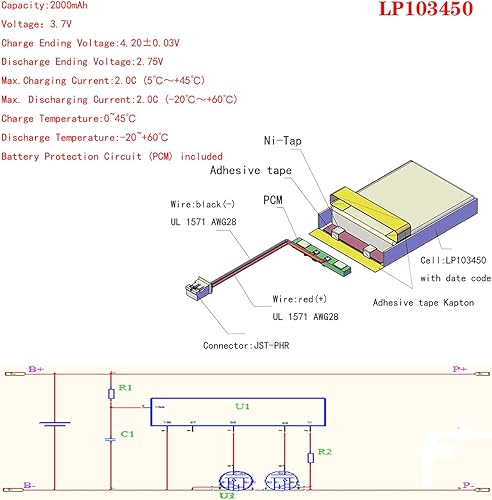 Miniatura 5 de Batería recargable del ion del polímero de litio de la batería del litro 3.7V 103450 2000 Lipo con el conector XH-2.54