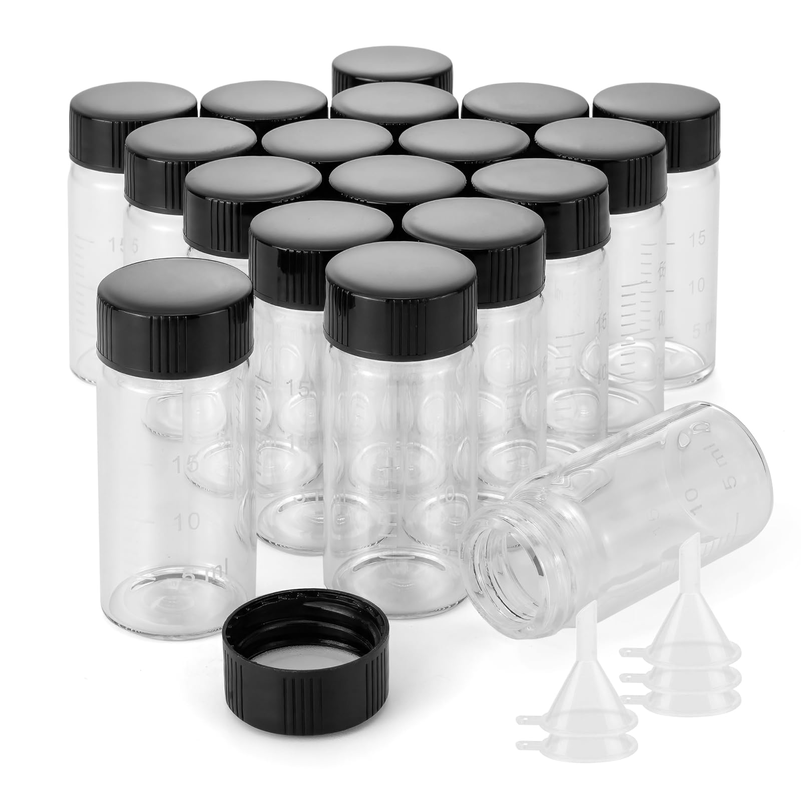 Kesell 18 Pack 20ml Glass Sample Vial Clear Graduated Bottles Empty Reusable Liquid Vials with Plastic Screw Cap and 5 Funnels