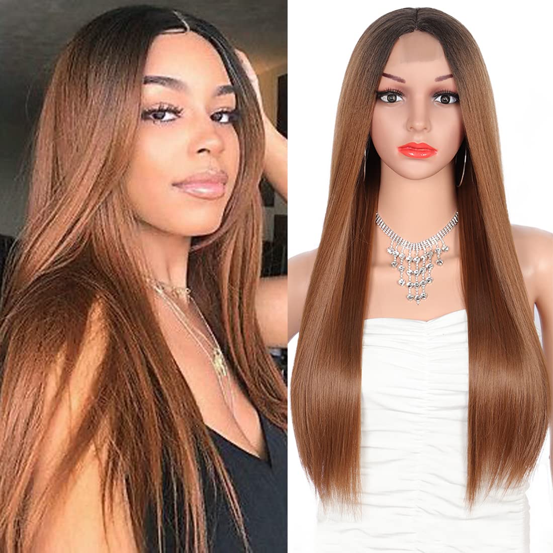 Kalyss 26" Long Straight Synthetic Edge Lace Front Wig for Woman ombre auburn brown Middle Parted with Dark Roots Natural Looking Women' s Frontal Lace Hair Wig