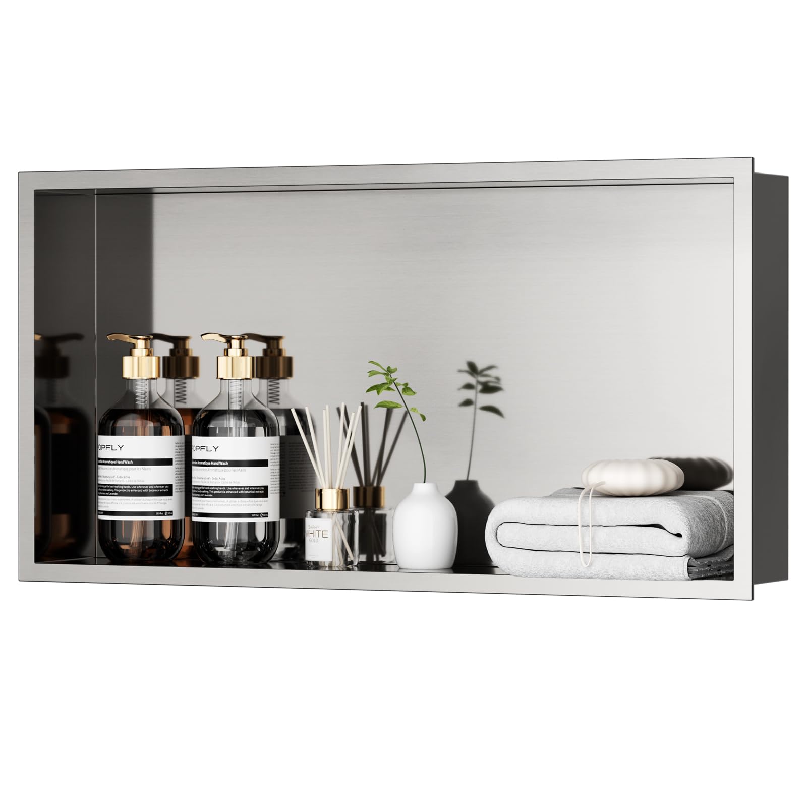 POPFLY 24X12 Inch Shower Niche Shelf, Brushed Nickel Shower Niche Stainless Steel, No Tile Needed Bathroom Storage Shelfs Recessed Wall Niche