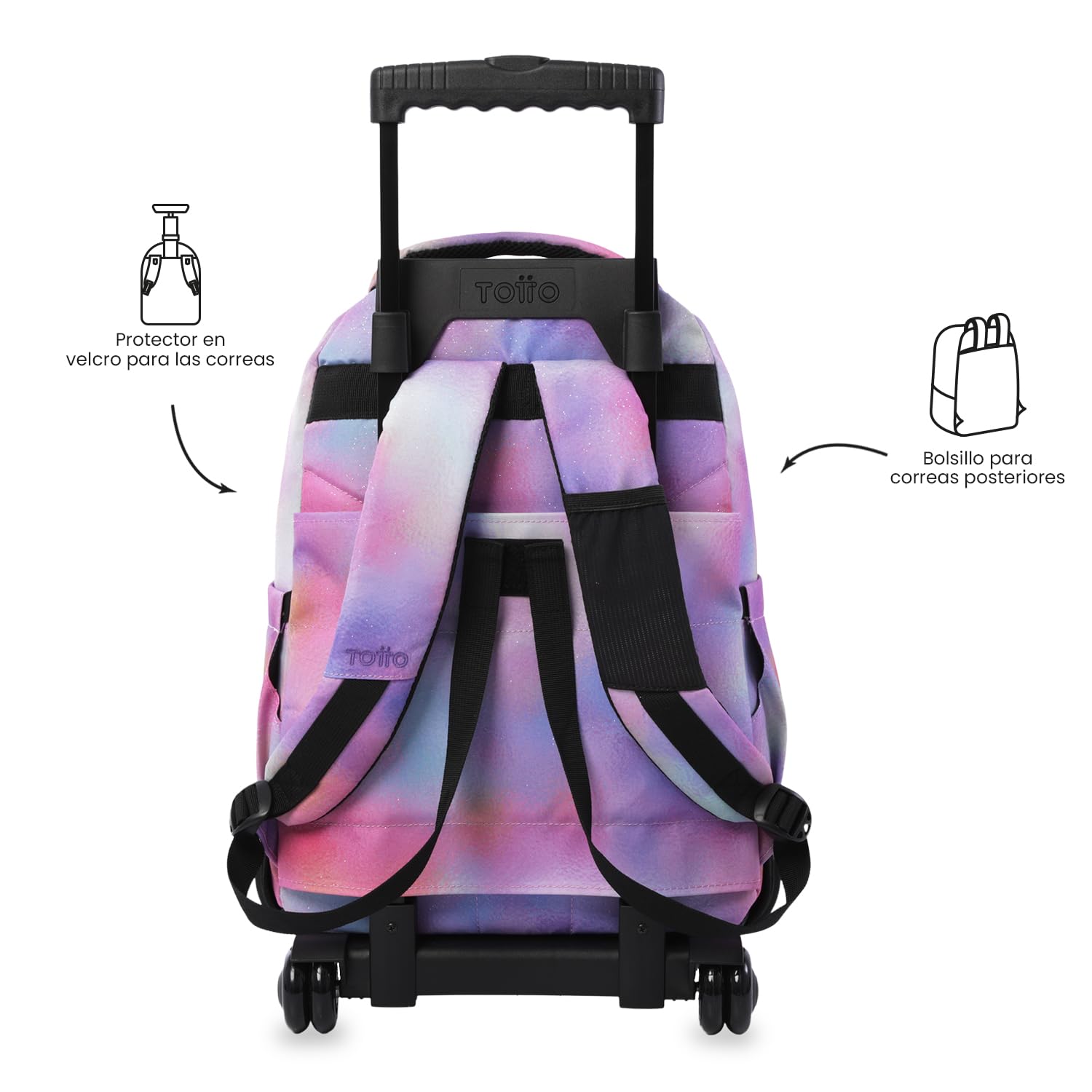 TOTTO - Mochila Escolar con Ruedas, Modelo Renglones Glitter, Capacidad 26,21 Litros, Bolsillo para PC 15,4", Bolsillo Botella, Correas en S para Mayor Comodidad, Resistente, Estampado Bloom