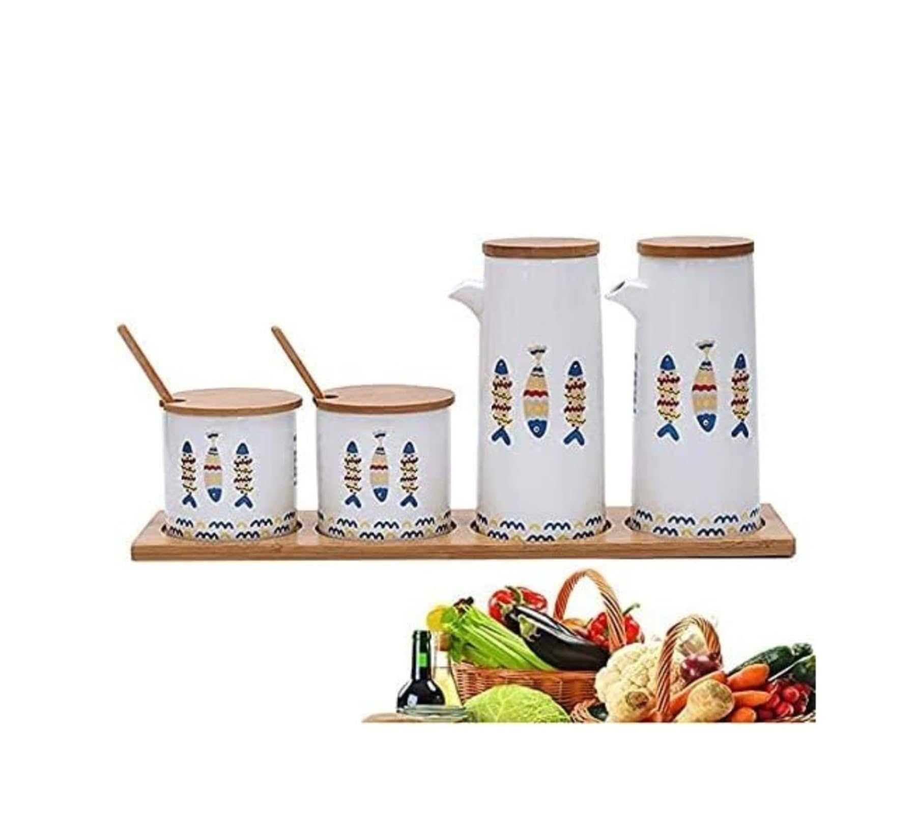 Dosificador de Aceite y Vinagre Dispensador de aceite y vinagre, caja de condimentos de salsa de oliva de cerámica Bot, a prueba de polvo y a prueba de fugas, peces de dibujos animados cocinando