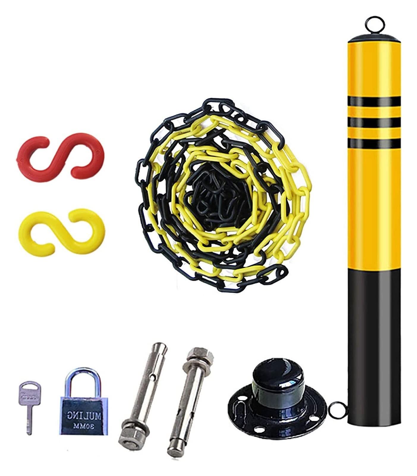 Paletti di Sicurezza per vialetti d'accesso e Set di Catene in plastica da 5 m, paletti di parcheggio con Anello di Sospensione e Nastro Riflettente, Base Mobile