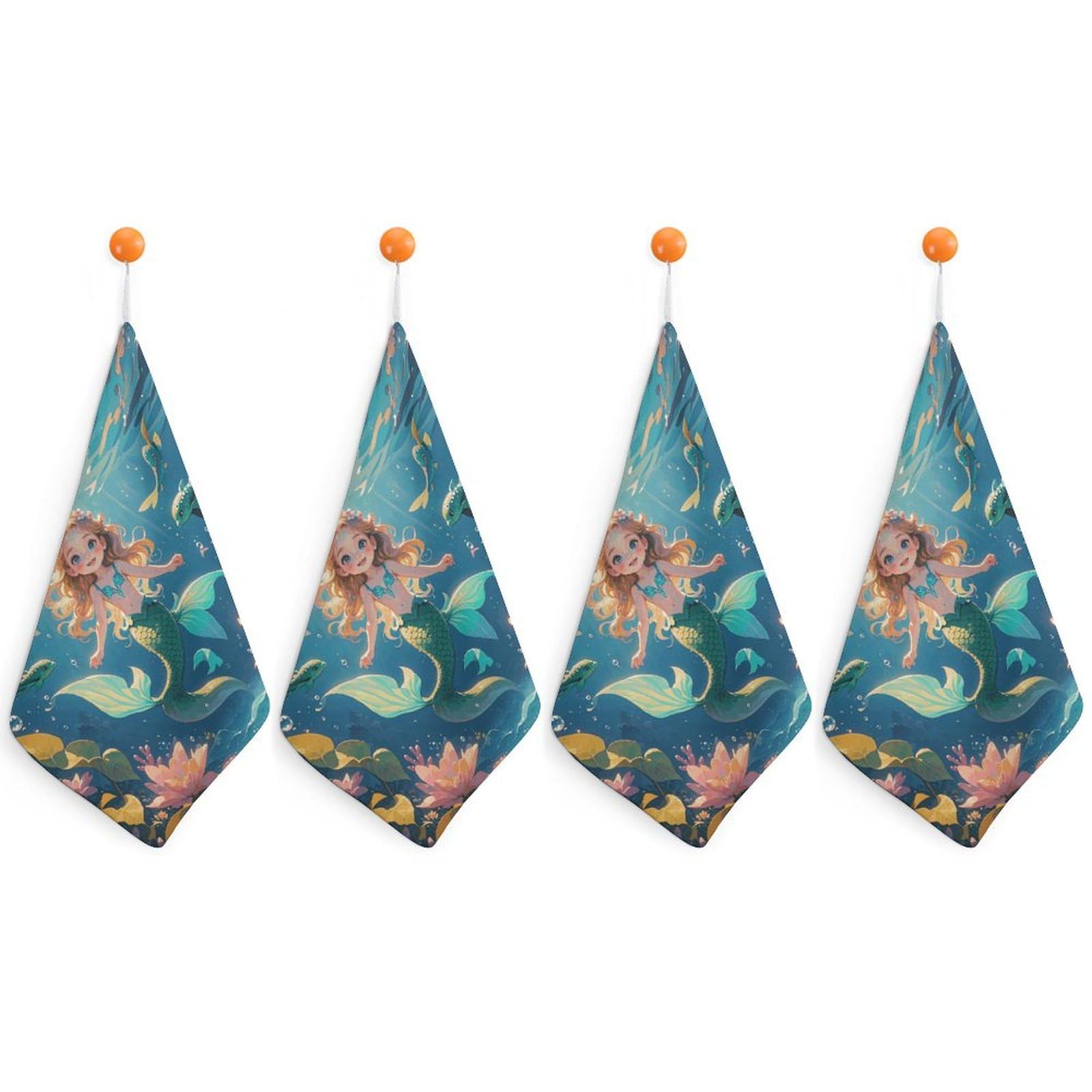QMNLKH Mermaid Hand Towels for Kitchen, Quick Dry Hanging Hand Towels with Loops, Absorbent Hand Towel for Bathroom, Square Soft Microfiber Towels for Gym, 11.8inch 4PCS