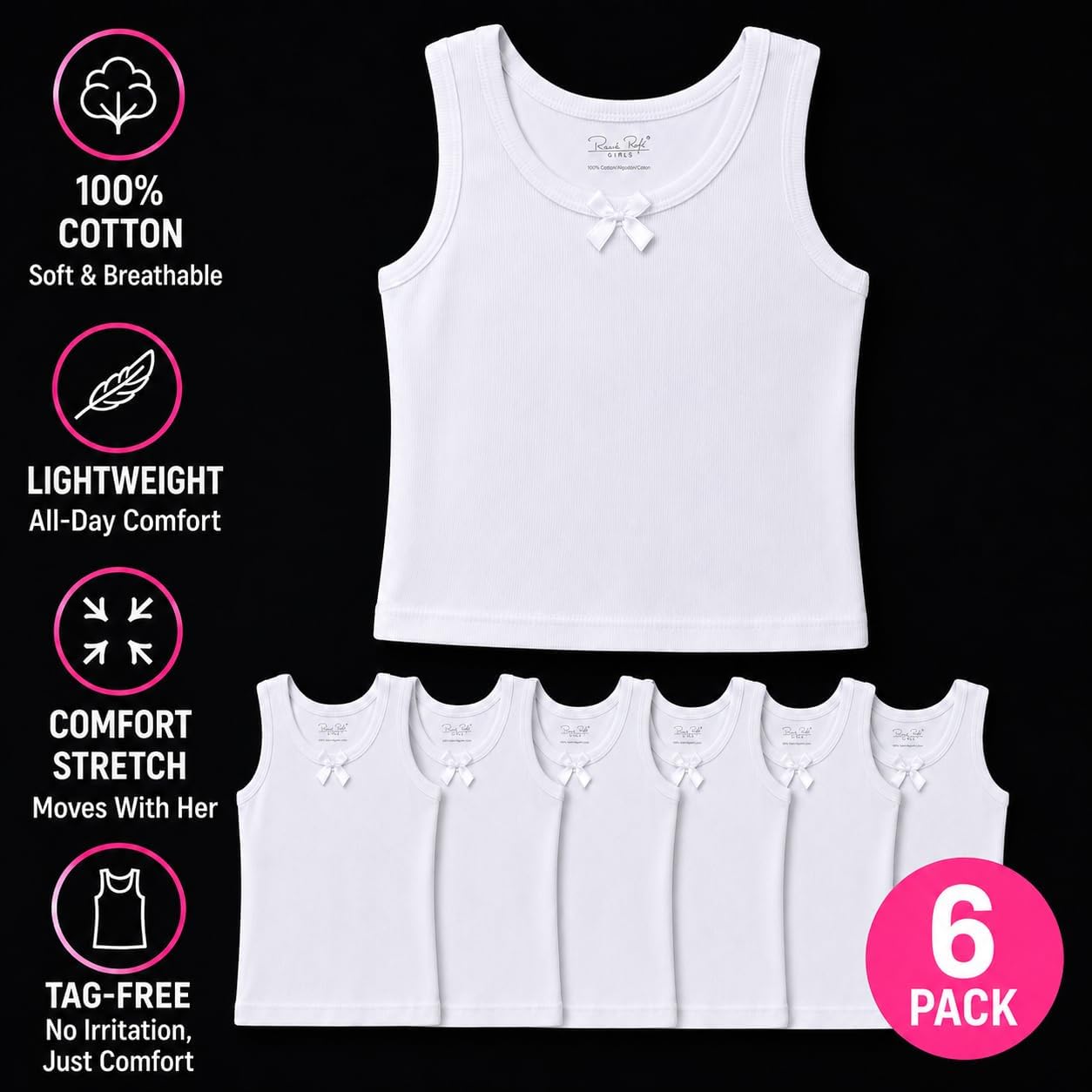 Rene Rofe Girls Tank Tops 6 Pack 100% Cotton Scoop Neck Undershirts