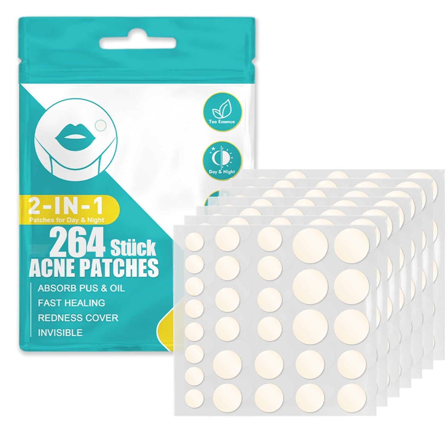 Parches Para Granos y Acné Parches Hidrocoloides de Cubierta Absorbente Invisible Pimple Patch Uso Diurno y Nocturno en Uno Enriquecidos con Aceite de Té y Ácido Salicílico (264 pcs)