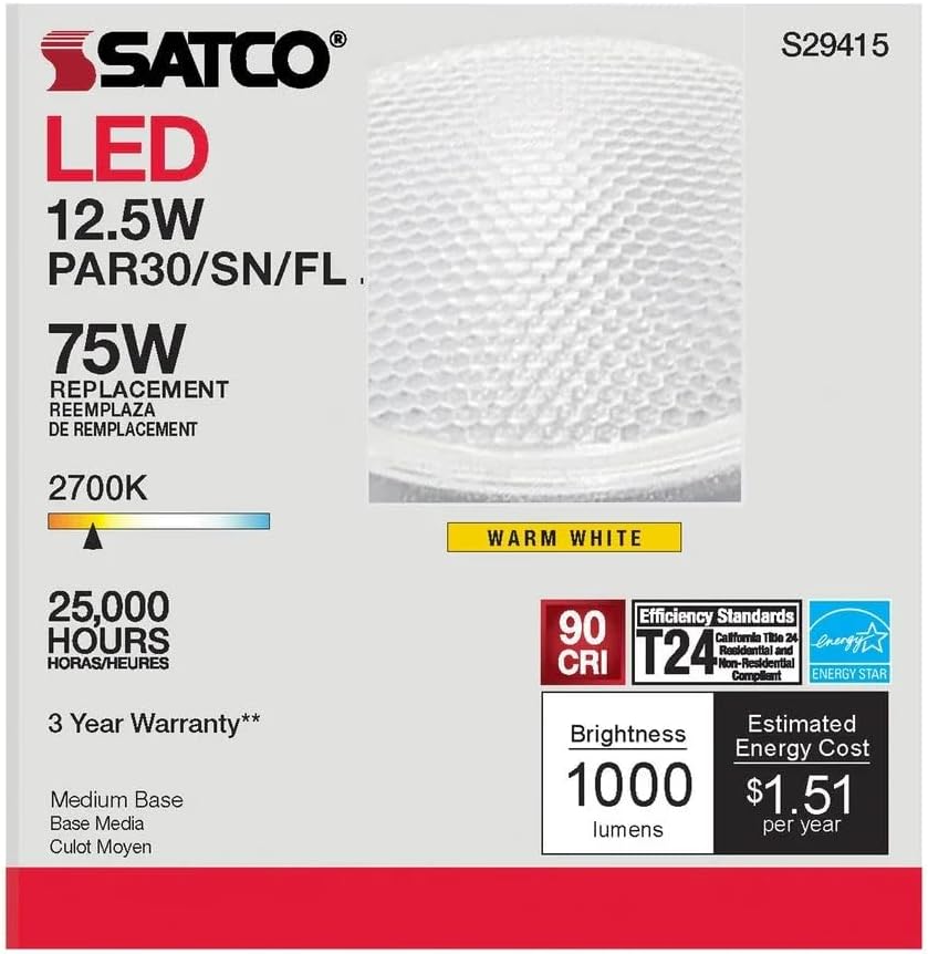 Satco S29415 12.5 Watt; PAR30SN LED; 2700K; 6 LED Bulbs, California Compliant