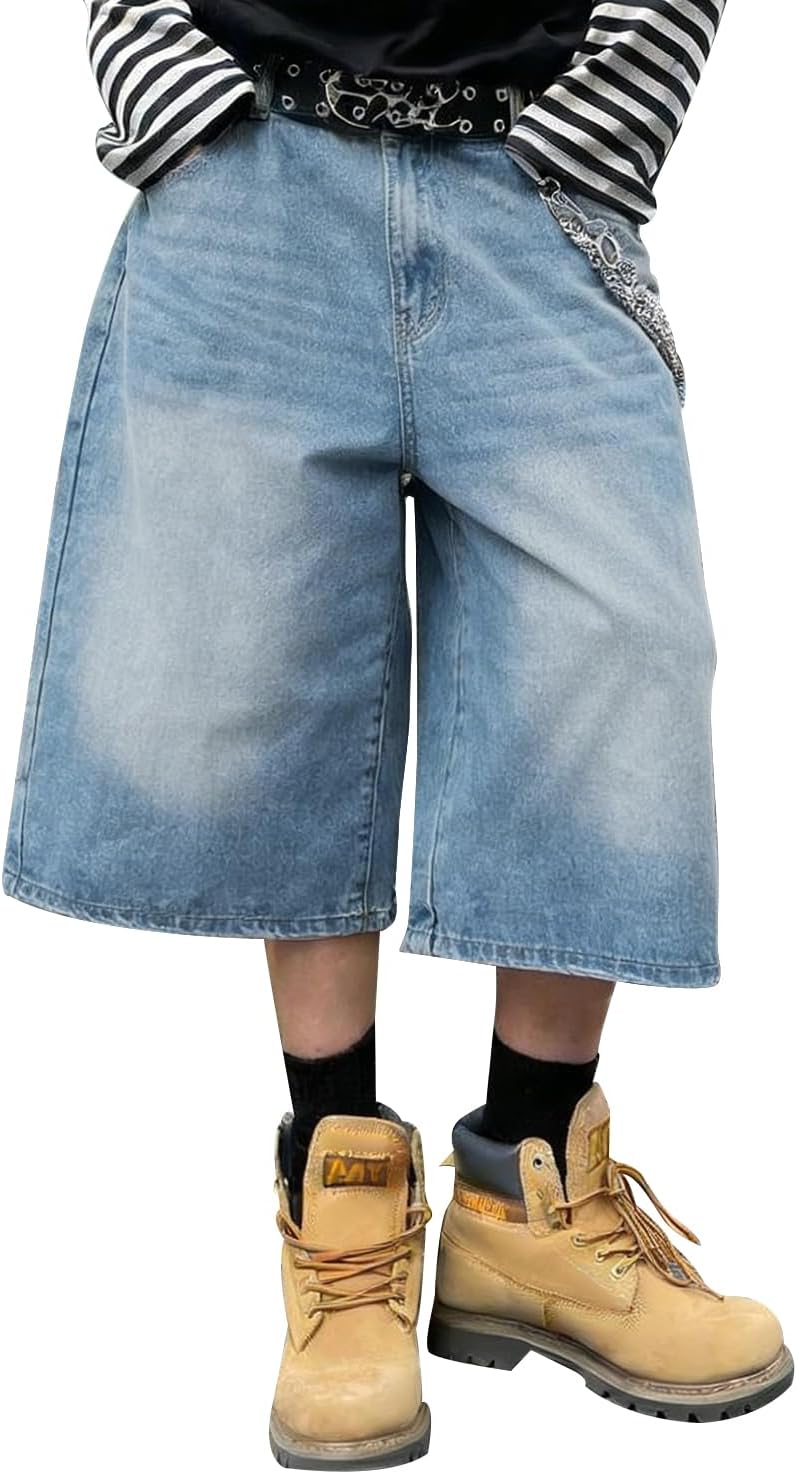 HUNGSON Mens Baggy Jean Shorts for Men Women Loose Fit Long Y2k Skater Vintage Plain Jorts Casual Wide Leg 16.5 Inch Inseam