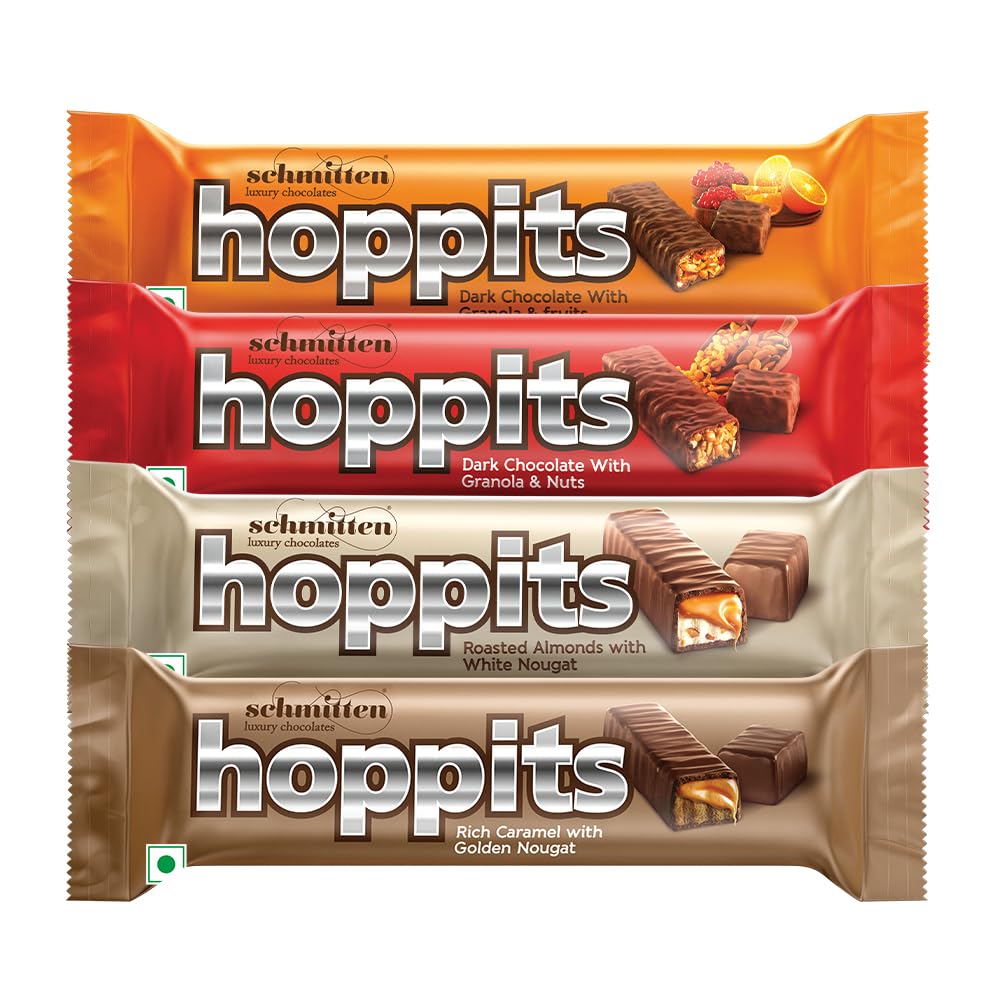 Hoppits Chocolate Bar Combo Packs - Granola and Fruits, Granola and Nuts, Rich Caramel With Golden Nougat, Roasted Almond with White Nougat - (4x40g each) - 160g