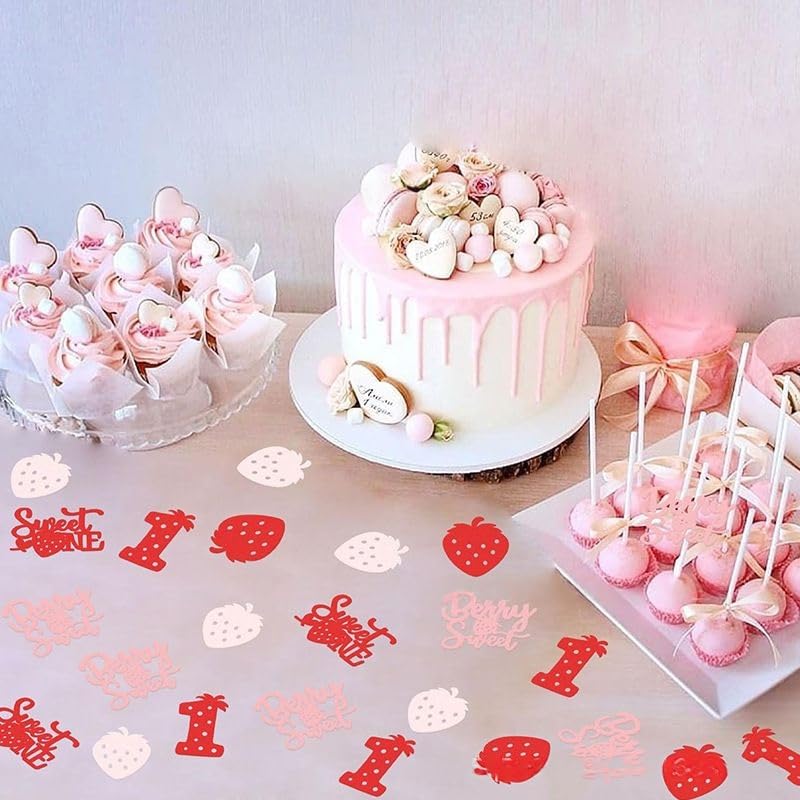 Image of 100 Pcs Strawberry Confetti Happy Birthday Party Table Scatter Decorations Cute Baby First Year Birthday Baby Shower Anniversary Party Table Decor Supplies (Strawberry)