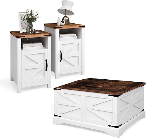 oneinmil El juego de mesa de granja de 3 piezas incluye mesa auxiliar de 31 pulgadas y mesas auxiliares con espacio de almacenamiento, mesas retro