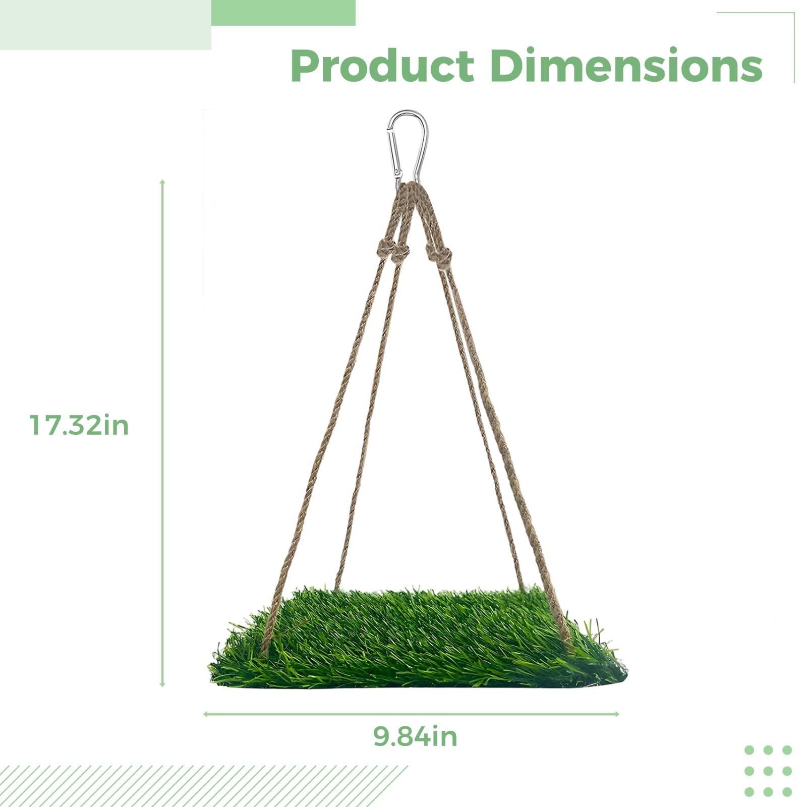 Kwadratowy hamak dla zwierząt domowych, 25 cm, sztuczna trawa ptasia, pobudza wspinaczkę, poszukiwanie pokarmu i zabawę, z poduszką piankową, linką konopną, haczykami i przyssawkami