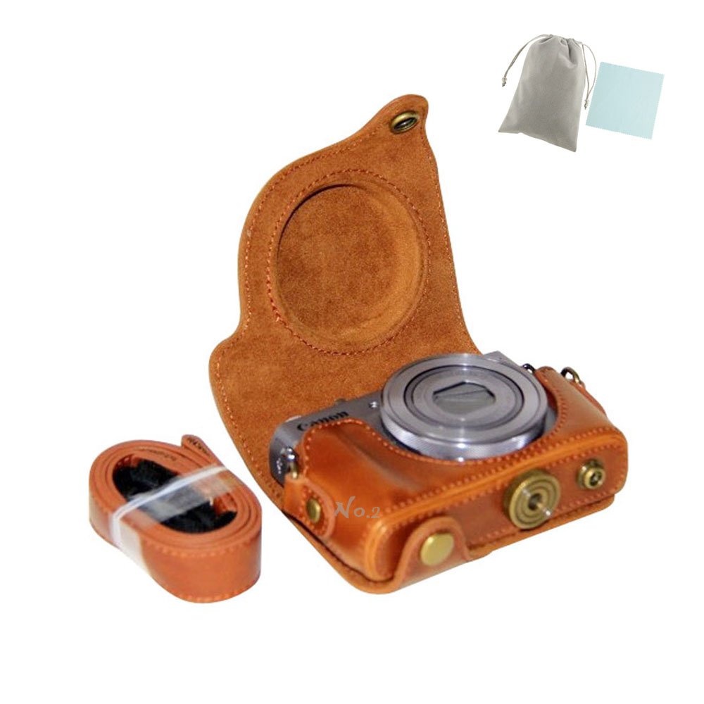 No.2 Warehouse Protective Leather Case Bag With Shoulder Strap Compatible with Canon G9X G9 X (brown) + a Piece of Clean Cloth