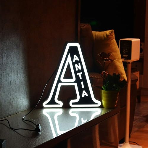Vista 4 de Luz nocturna LED personalizada, con letra de marquesina, luces de acero, letrero de metal personalizado, luz de pared grabada con nombre