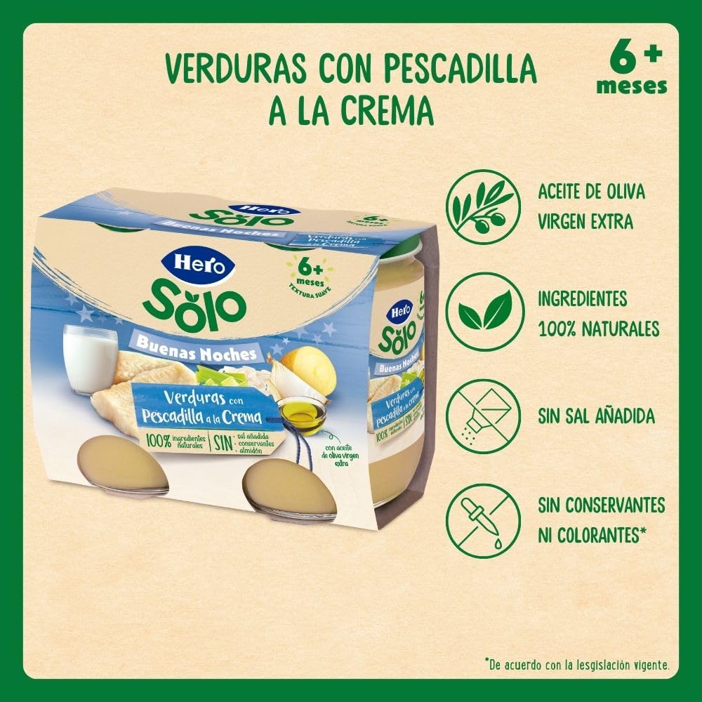 Hero Baby Tarritos Infantiles Buenas Noches Verduritas con Pescadilla a la Crema 190g Paquete de 12